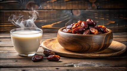 Steaming bowl of warm milk and sweet dates on a wooden table , dairy, beverage,  dairy, beverage, dessert, warm