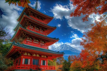 Obraz premium Red pagoda in autumn, mountain backdrop