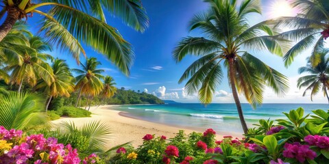 Fototapeta premium A serene tropical beach scene with swaying palm trees and a clear blue sky