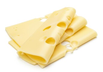 Pile of swiss cheese slices with holes on white background