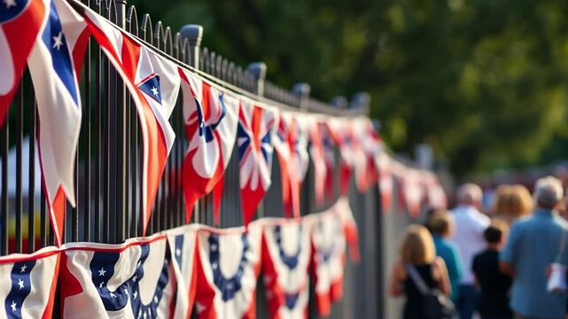 Patriotic Bunting in Festive Style with Red White and Blue Colors Decorating Outdoor Fence for Independence Celebration