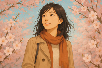 Smiling Woman Walking Among Cherry Blossoms – Spring Anime Style Illustration