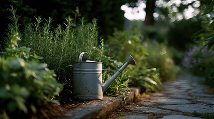 Tranquil Watering Can in a Green Garden: A vintage watering can sits peacefully on a stone wall in a sun-drenched garden, surrounded by lush greenery, evoking a sense of calm.