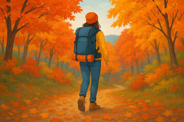 Autumn Forest with Female Hiker – Back View, Red Maple Leaves