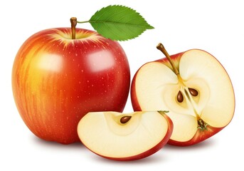 Still life of whole and sliced red apples with leaf on a white background