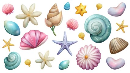 Colorful collection of seashells and starfish showcasing ocean beauty and summer vibes in a vibrant underwater theme