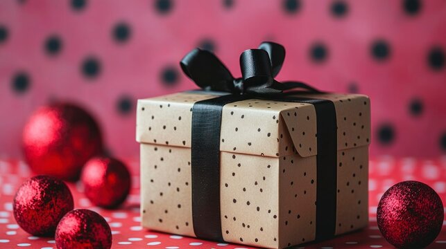 Gift with black ribbon on polka dot background