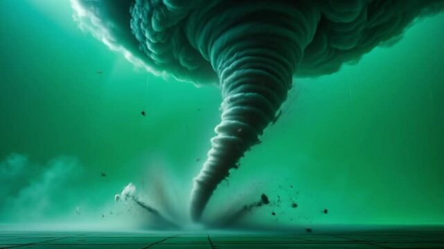  highly realistic simulation of a powerful tornado touching down. The swirling vortex is clearly visible against a vibrant green screen background, making it ideal for compositing into various scenes.