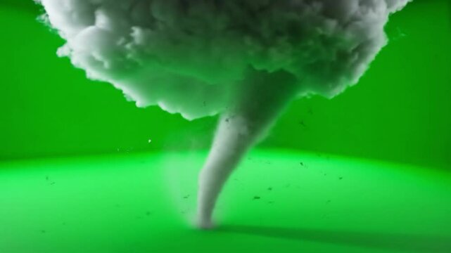  highly realistic simulation of a powerful tornado touching down. The swirling vortex is clearly visible against a vibrant green screen background, making it ideal for compositing into various scenes.