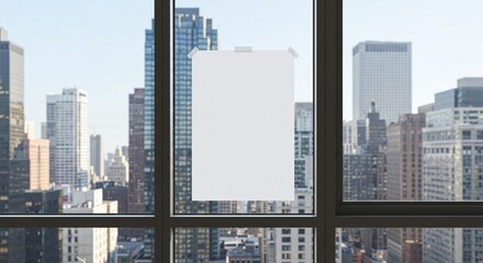 Obraz premium Mockup poster cityscape view from window frame blank paper taped to glass urban scenery
