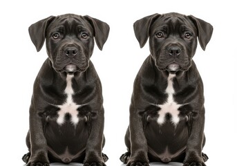 Fototapeta premium Two young black cane corso puppies sitting side by side on a white background