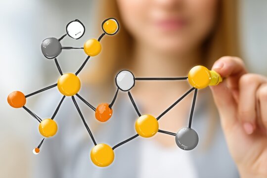 Molecule model with colorful atoms in a scientific setting.