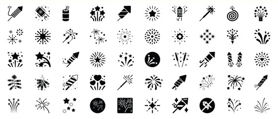 Set of fireworks and pyrotechnics icons in black and white