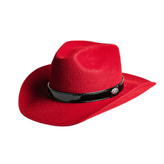 Png of A vibrant red cowboy hat adorned with a glossy black band, perfect for western-themed events or fashion statements.