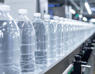 A neatly arranged row of colorful plastic bottles glides along a conveyor belt, showcasing various shapes and sizes, ready for packaging and distribution.