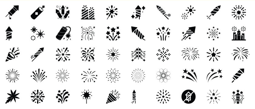 Collection of black fireworks icons for celebrations and festive events
