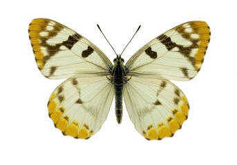 Obraz premium Close-up of a checkered white butterfly with yellow markings on a white background