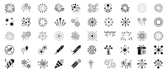 Collection of black and white fireworks icons for celebration designs