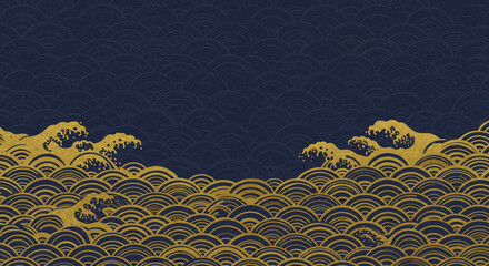金の波しぶきと青海波の和風背景・伝統文様・高級デザイン、コピースペースあり、japanese style, brush texture, japanese traditional pattern, washi paper, ukiyo-e style waves