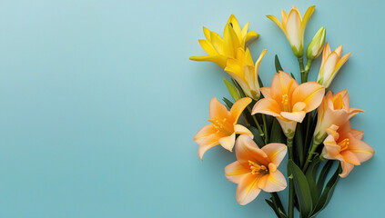 Fototapeta premium Colorful Lily Bouquet on Blue Pastel Background with Copy Space, Orange and Yellow Lily Flowers on Blue Wall with Copy Space