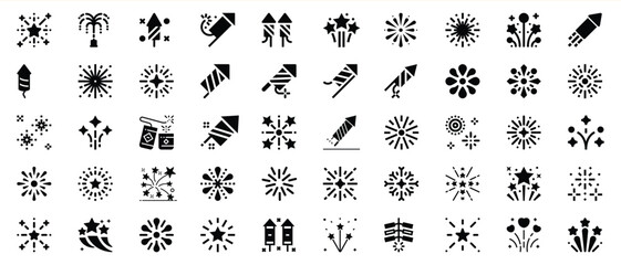 Black and white fireworks icons set for festive celebrations