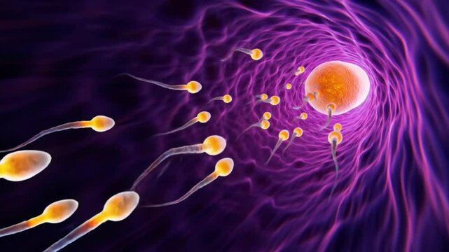 detailed 3D animation depicting multiple sperm cells swimming through the fallopian tube towards a mature egg. The environment is rendered in a vivid purple hue, representing the biological setting. 