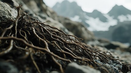 Closeup of roots on rocky terrain with mountain background