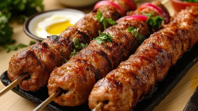 Appetizing lula kebab, decorated with greenery in a cafe. The concept of development of shashlik houses, cafes, restaurants. Empty space for text.	