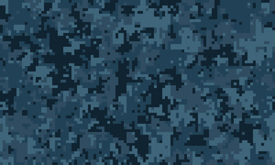 Abstract digital camouflage pattern in shades of blue. Ideal for backgrounds, textures, or design elements needing a modern, tactical, or stealthy aesthetic.