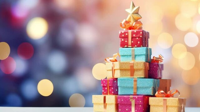 Multicolored gifts stacked on a bright festive background	