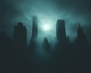 Silhouetted city skyline shrouded in a teal mist.