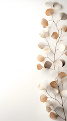 Delicate dried eucalyptus branches lying artfully on crisp white surface, showcasing natural botanical arrangement with minimalist aesthetic and clean design potential
