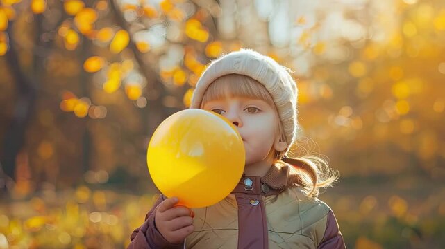 a child inflates a yellow balloon. Selective focus