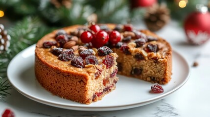 Festive Fruitcake Slice with Dried Cranberries, Nuts, and Holiday Garnish on White Plate