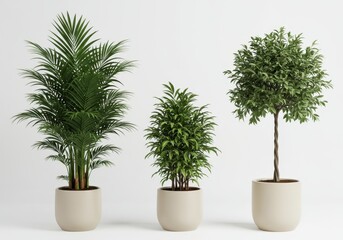 Three potted houseplants of different varieties on a white background