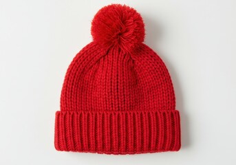 Bright red knitted winter hat with pompom on a white background