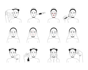 Skincare routine and skin problems outline illustrations set. Cosmetic applying, gua sha, microneedling, acne. Caucasian woman 2D line character isolated on white. Vector ink linear images collection