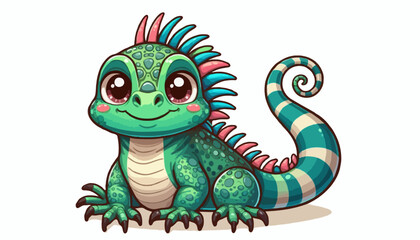 Fototapeta premium Cute green cartoon dragon, a funny reptile animal vector illustration