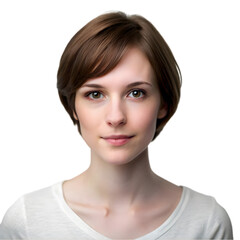 Fototapeta premium portrait of young woman with short brown hair isolated on transparent background