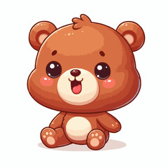 A cute brown cartoon teddy bear, a sweet vector illustration, sits smiling with a heart, evoking childhood love and fun