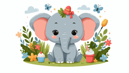 Obraz premium A cute baby elephant, a fun cartoon animal with a pink flower, and a blue butterfly make a wild safari illustration
