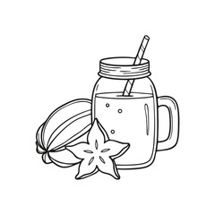 A starfruit beside a glass of fruit juice