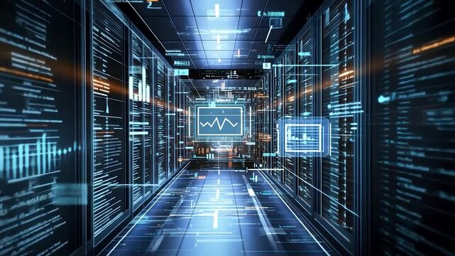 Futuristic server room with digital displays