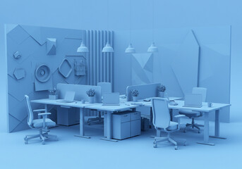 Monochromatic Office Space with Desks and Chairs
