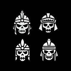 Set of Four White Skull Icons with Various Helmets on Black Background - Warrior and Gaming Concepts