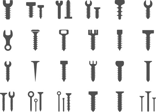 Collection of grey hardware screws nails and wrenches on white background vector