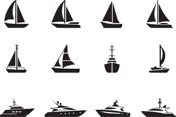 Collection of boat and yacht silhouette icons illustration on white background