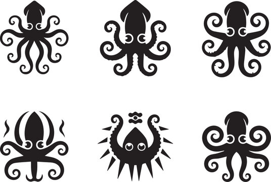 Collection of black and white stylized octopus and squid vector illustrations