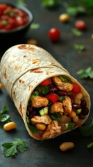 Delicious wrap filled with chicken, beans, and fresh vegetables on a dark surface
