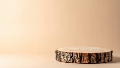 A weathered wooden stump, its top neatly sawed off, reveals intricate grain patterns and rough bark edges, surrounded by lush green grass and scattered leaves.